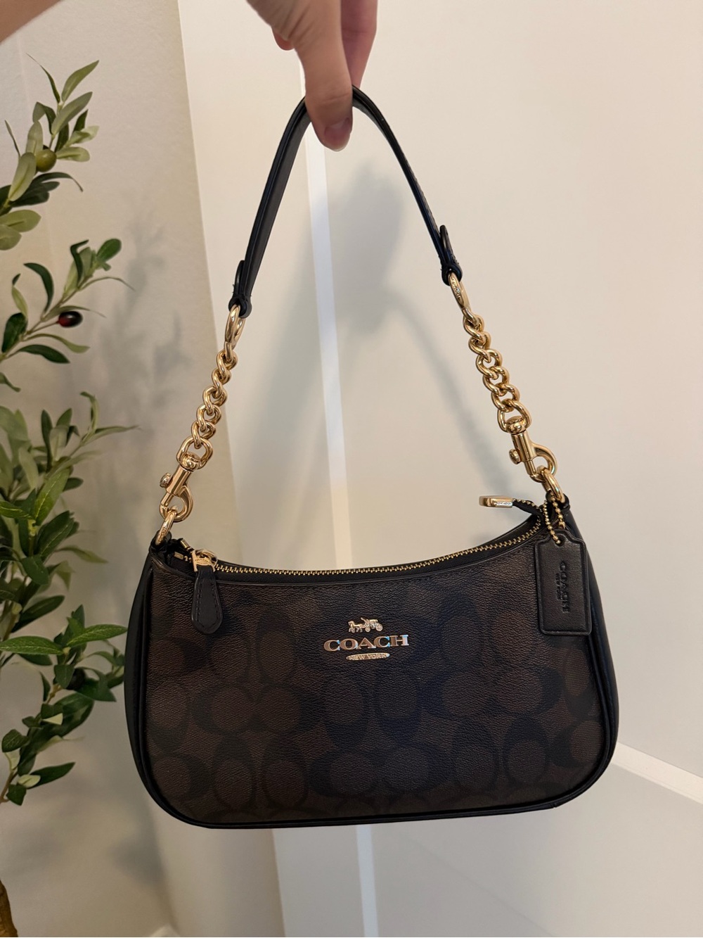 Coach Brown Signature Mini Shoulder Bag with Gold Hardware